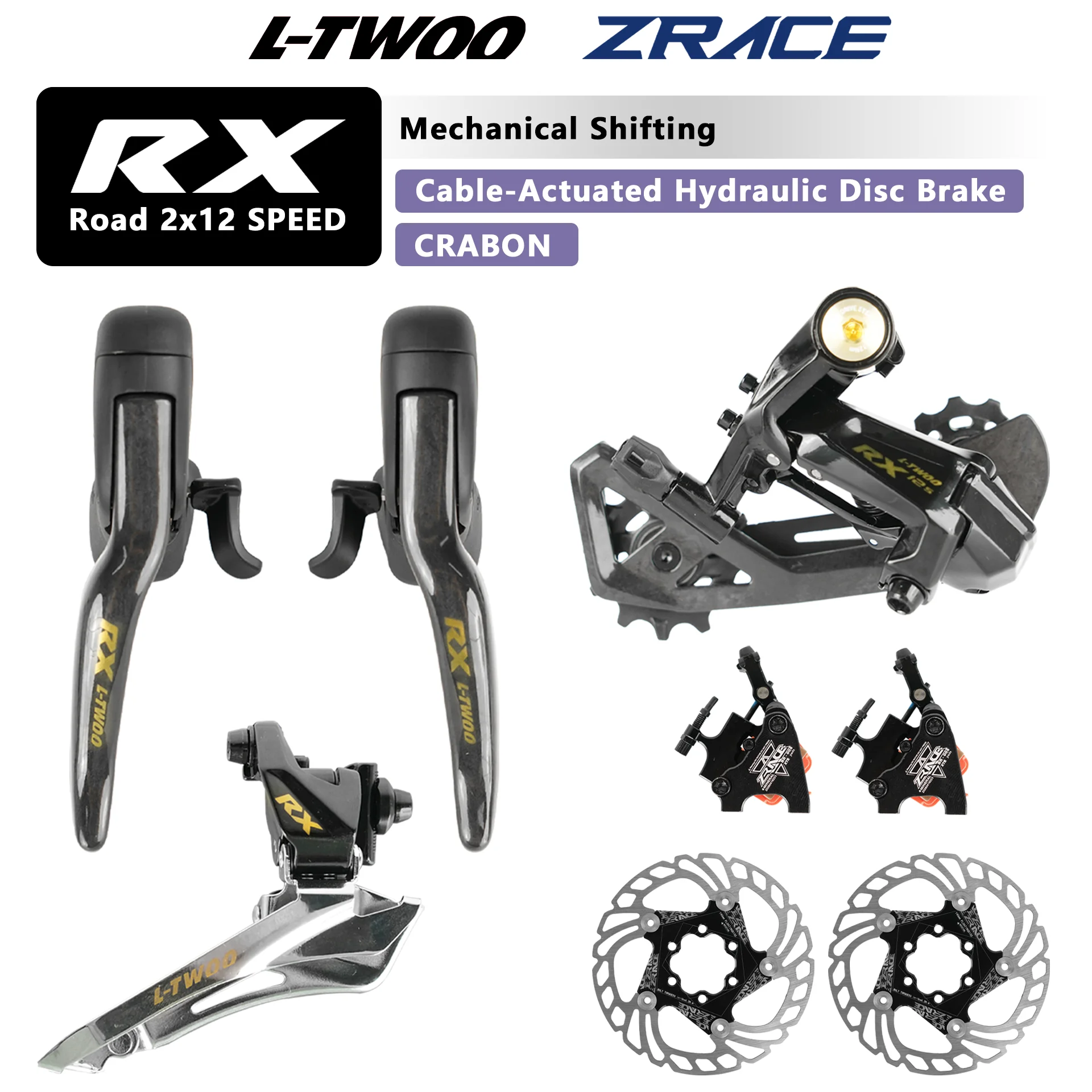 LTWOO RX 2x12Speed Cable Pull Hydraulic Disc Brake Carbon Fiber 24s Road Bicycle Groupset Zrace Caliper Rotor