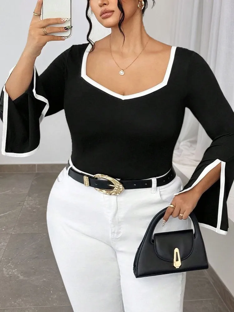 Feminino plus size XL-3XL outono inverno casual com decote em v manga longa preto solto camiseta esportes ao ar livre topo roupas femininas de grandes dimensões