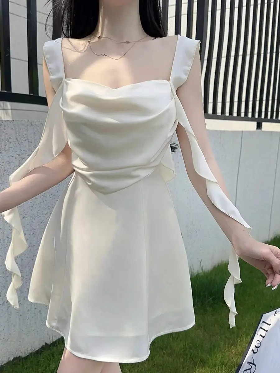 

Backless Ribbon V-Shaped Waist Cinched Solid Color Suspender Skirt Short Slim Fit Off Shoulder Satin Dress For Women