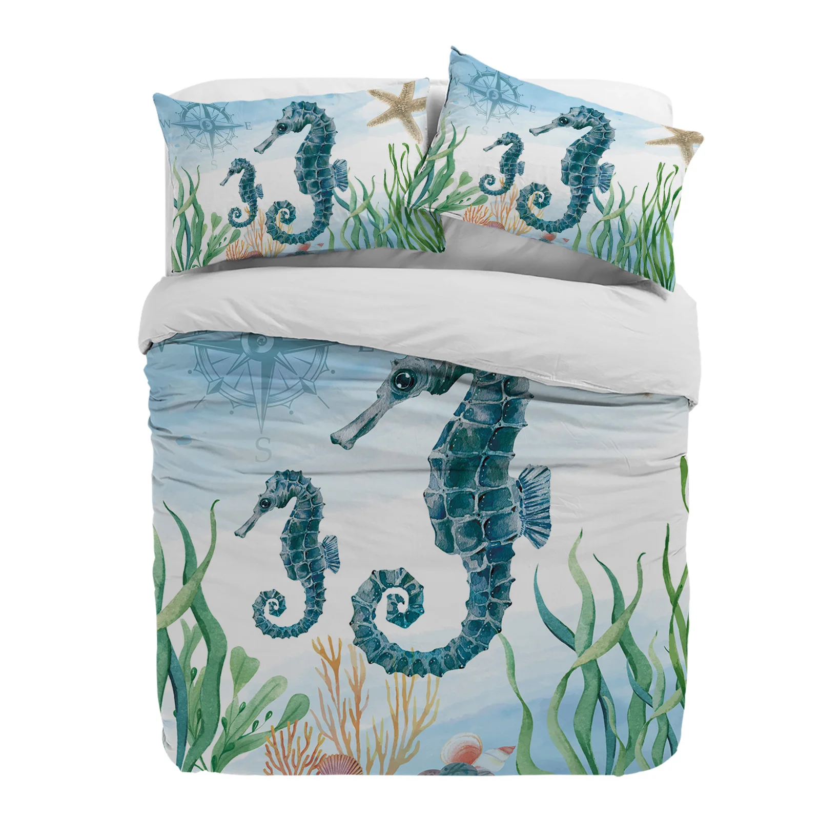 

Marine Animal Hippocampus Seaweed Compass Duvet Cover With Pillow Case 3pcs Bedding Set Quilt Cover Double Bed Home Textile