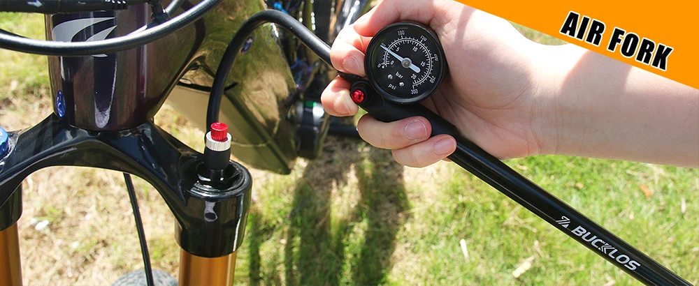 Bucklos Fahrrad-Luftpumpe, 300 psi, Hochdruck-Schrader-Ventil, Fahrradpumpe für Vorderradgabel und Hinterradaufhängung mit Manometer – Detail 2