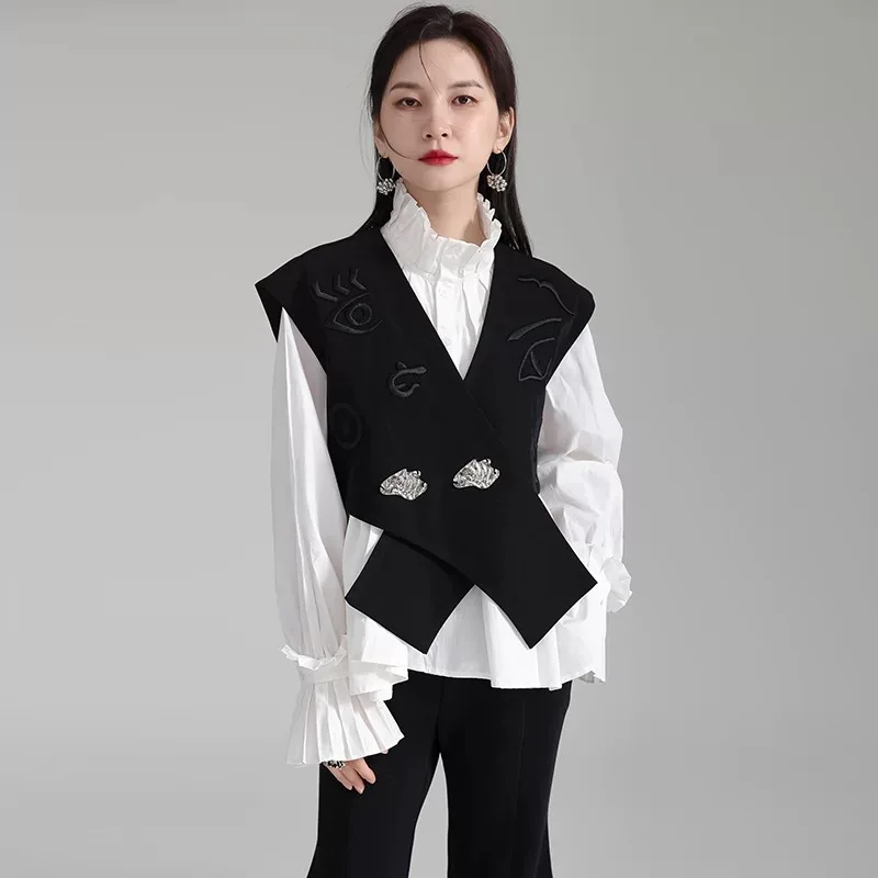 الخريف الشتاء عبر على شكل غير النظامية تصميم التطريز دعوى سترة امرأة زر معدني أزياء أنيقة قصيرة نمط دعوى صدرية #2