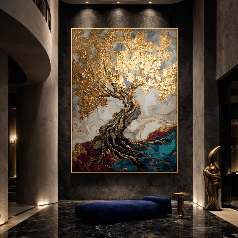 Luxury Hand-painted Golden Tree Abstract Oil Painting Heavy Textured Gold Leaf Prosperity Tree Wall Art Painting