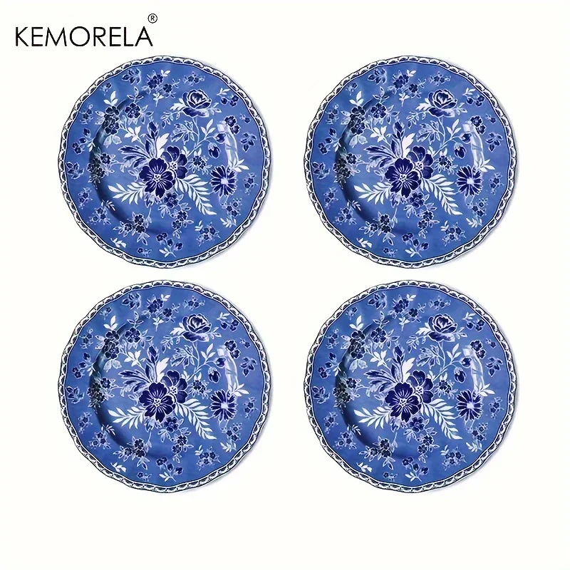 

4 шт., классическая тарелка с узором, керамические тарелки с растениями и цветами, посуда для стейка, макарон, десертная посуда для салата, домашний ресторан