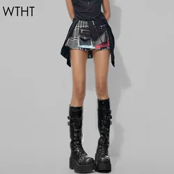 WTHT New Trendy Women's Patchwork Plaid Modern Punk Mini Skirts 2024 Autumn Fashion Irregular Pleated Skirt Female 1LS092