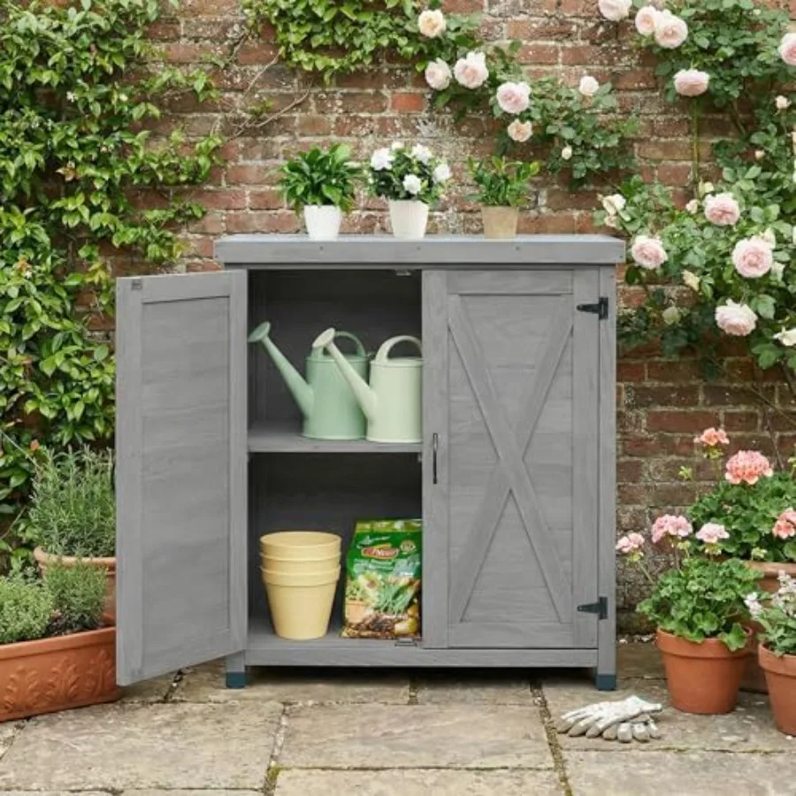 Garden Potting Bench Table with Storage Cabinet Outdoor Wooden Workstation with Metal Tabletop, Solid Wood Planting Work Bench