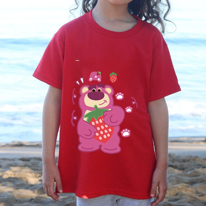 lotso bear printed kids T-shirt summer children's cotton short-sleeved red casual top suitable for boys and girls