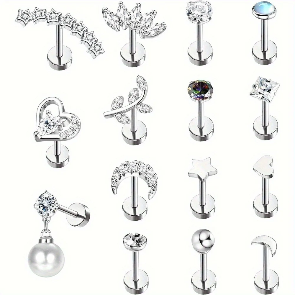 Florideco 1PC Pendientes de Acero Inoxidable para Cartílago para Mujer, con Ópalo y Parte Trasera Plana, Joyería para Piercings de Labio, Barra, Nariz y Oreja