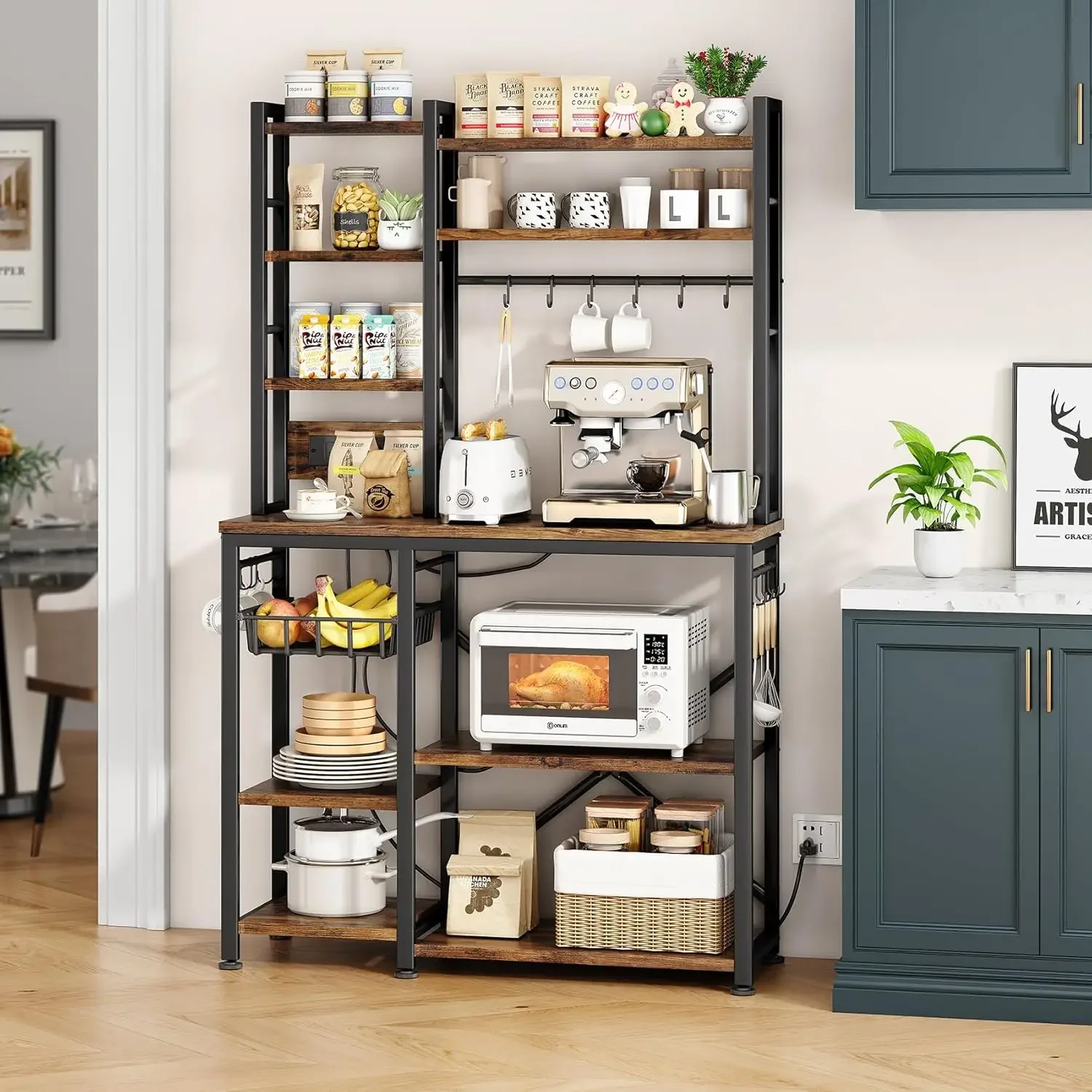 with Power Outlet - Microwave Stand with Storage, Large Coffee Bar Station with 14 Hooks, Metal Kitchen Shelf Rack for Spices,