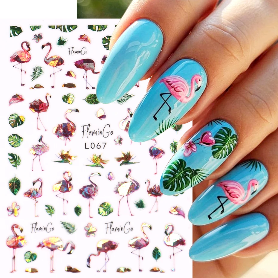 2 pezzi 3D Laser Estate Tropicale Adesivi per unghie Fenicotteri rosa lucidi Woodpeckers Foglie di palma Disegni Decalcomanie adesive Lamine per manicure