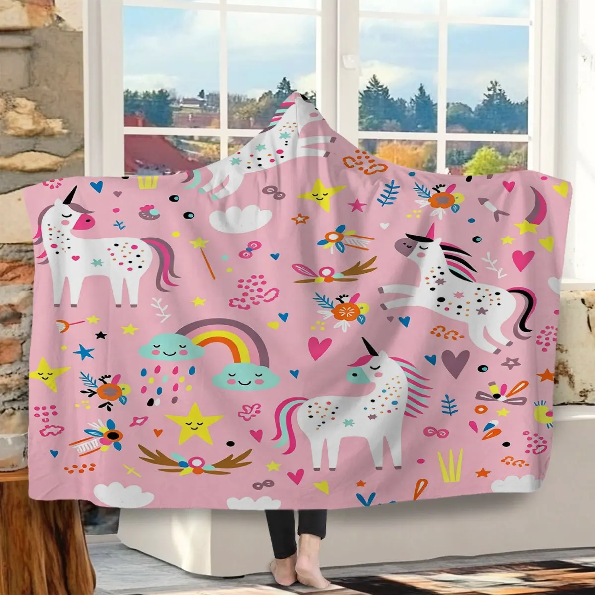 Flannel Hooded Blanket with Full-Print Cartoon Spotted Unicorn, Rainbow, Cloud, and Heart Theme, Wearable Blanket Travel