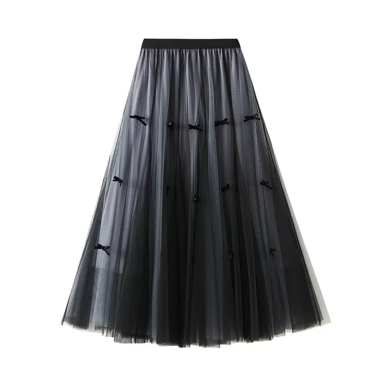 

Sweet Bow Mesh Tulle Cake Skirt Elegant Multicolor Casual All-match Large Swing A-line Long Skirts Women Spring Summer