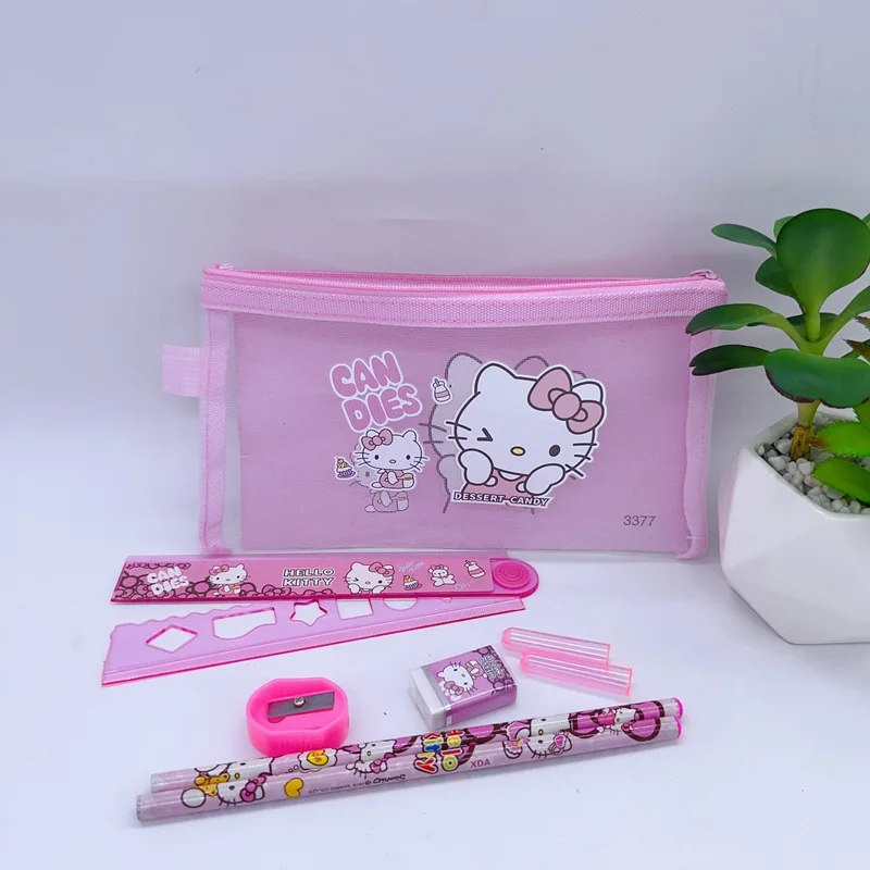 Sanrio Kuromi My Melody A6 Stationery Set Mesh Pencil Case Kawaii Comes With A Wooden Pencil And Rubber Ruler As A Student Gifts