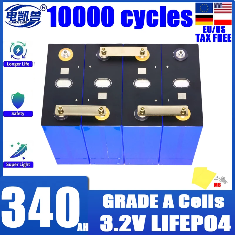 

10000 Cycles 3.2V 340AH Lifepo4 Rechargeable Battery DIY 4s 8s 16s 12V 24V 48V RV EV Boat Golf camping solar energy duty-free