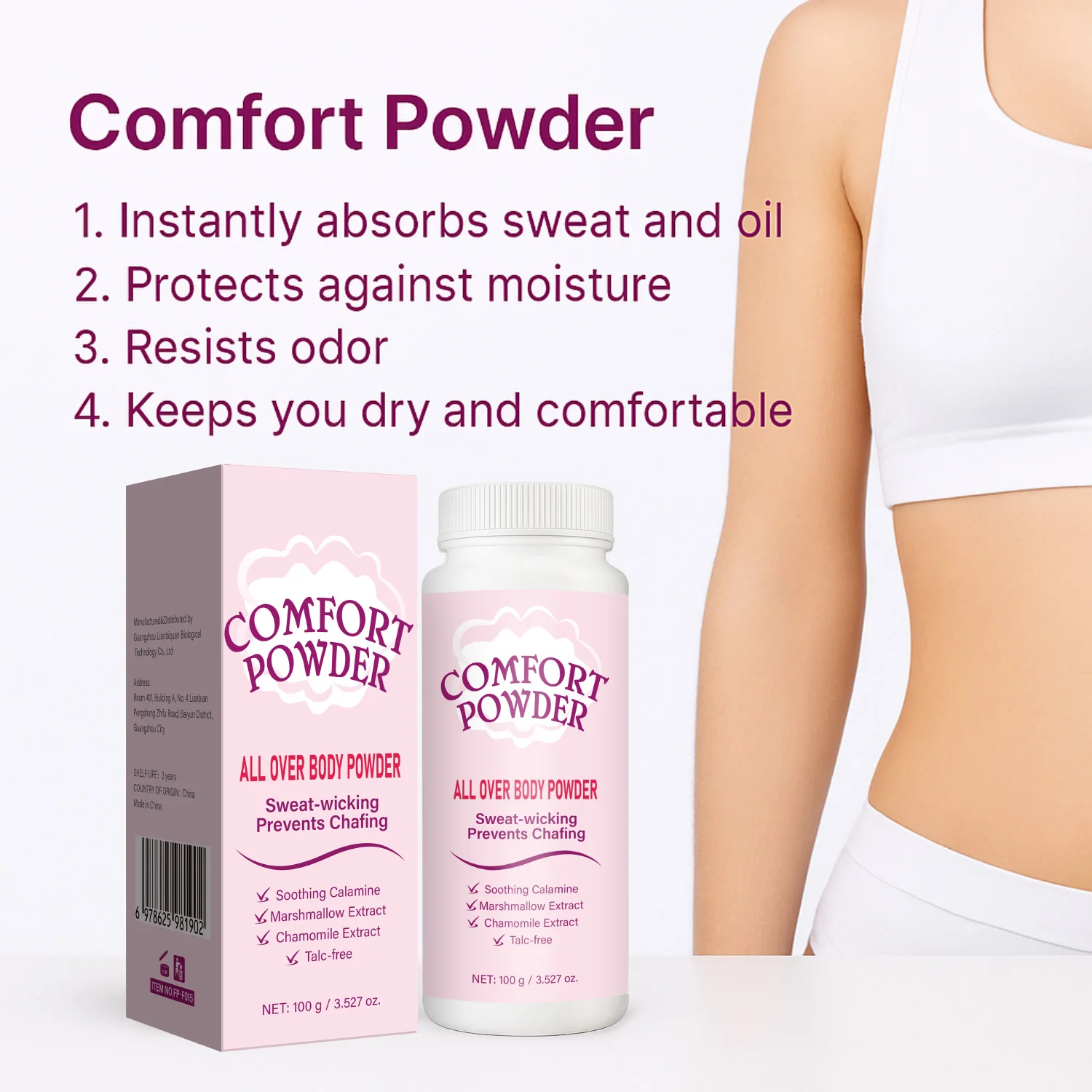 Comfort Powder All Over Body Powder - Sweat Wicking, Chafing Prevention, Odor Resistant, Talc-Free Dry Comfort for Women & Men
