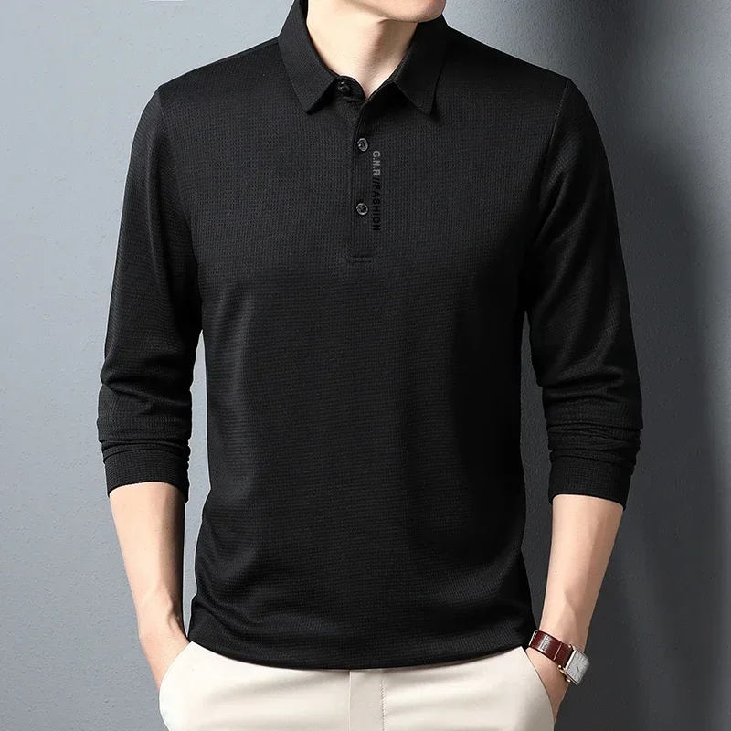 Waffel Herren Langarm T-Shirt Poloshirt Frühling Neuware Kragen Casual Print Herren Langarm T-Shirt mittleren Alters