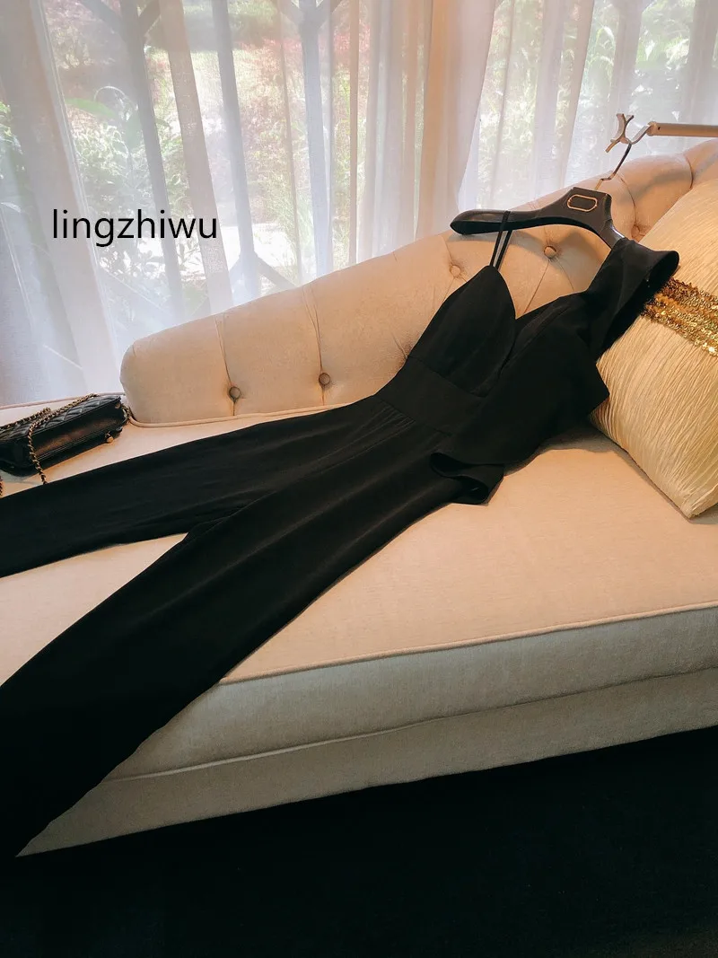 Lingzhiwu-macacão preto com babados, sem mangas, alça de espaguete, elegante, design francês, novo