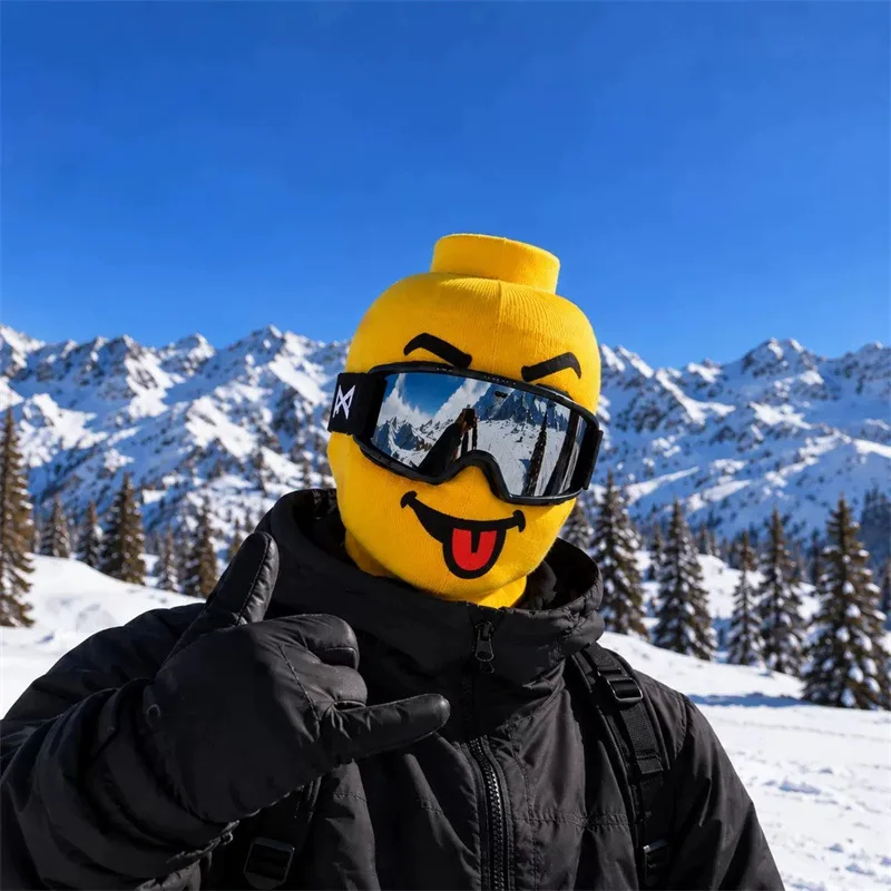 Winter ski headgear，Cute building block face mask with a tongue sticking out，Windproof and warm full-face mask，Suitable for skii