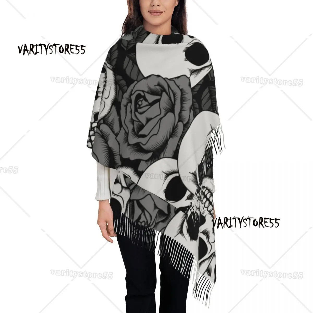 

Roses And Skulls Women's Tassel Shawl Scarf Fashion Scarf