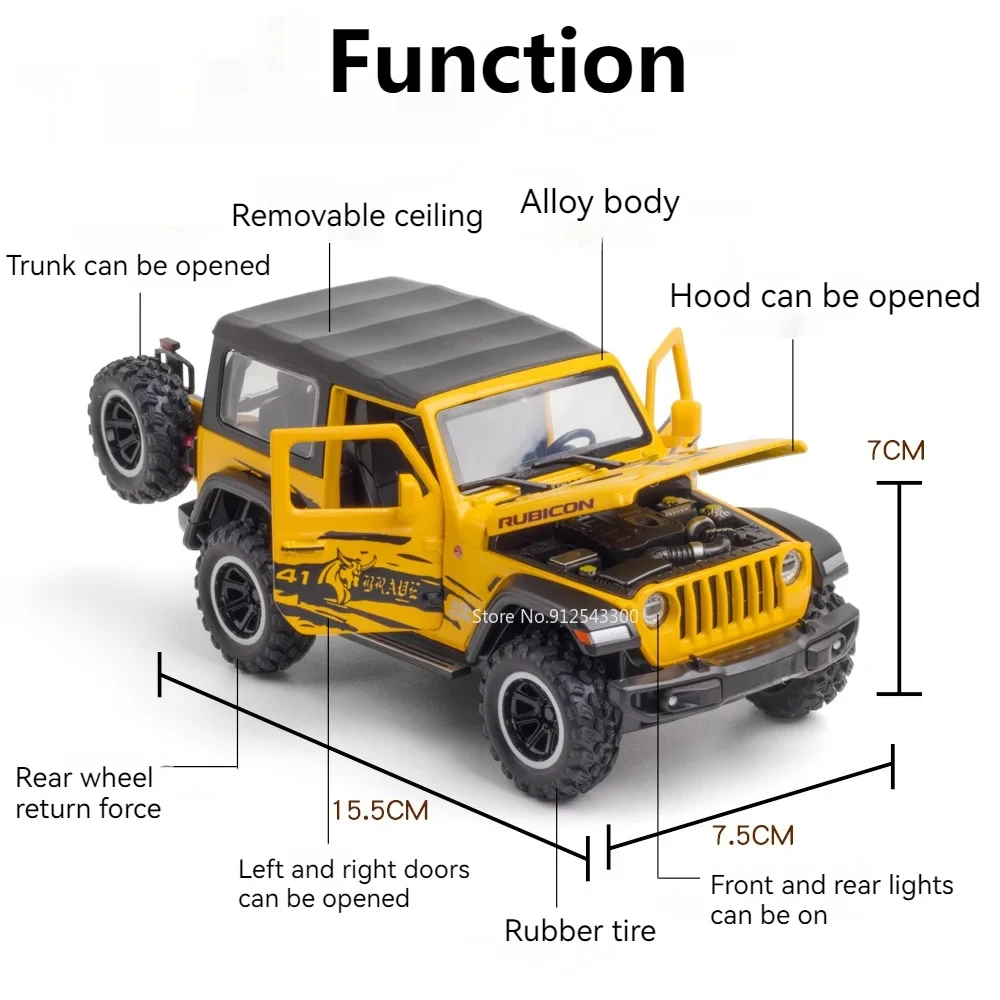 1:32 Wrangler Rubicon Car Model Toy Metal Body Rubber Tires Diecast Simulation Vehicle Pull Back Toys for Boy Birthday Gifts