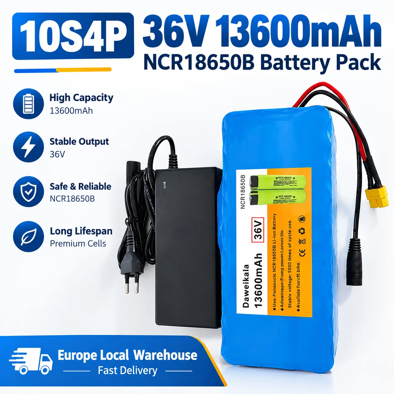 Batteria agli ioni di litio 36V 13600mAh 10S4P NCR18650B con BMS per bici elettrica, scooter, skateboard, protezione da sovraccarico e cortocircuito, connettori XT60+DC / T+DC, caricabatterie con