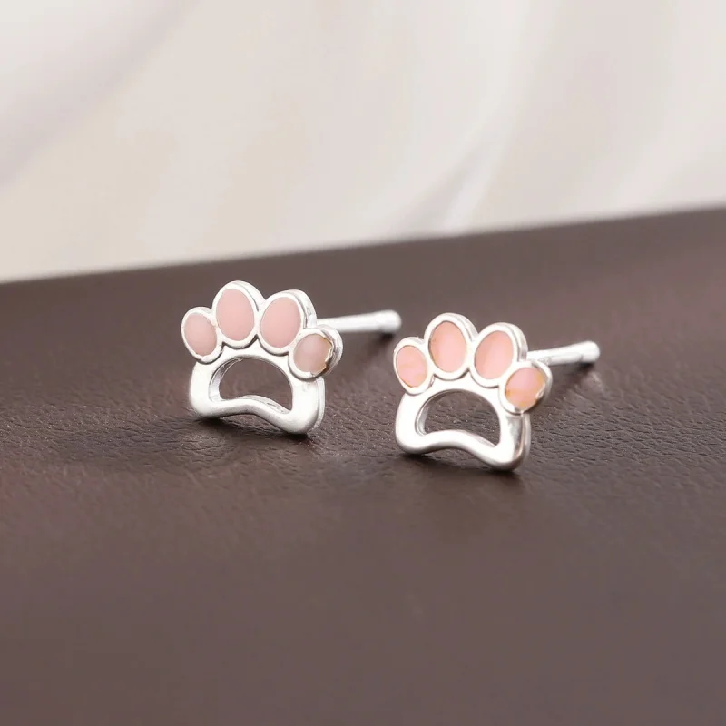 Hot selling new 925 sterling silver cute and fashionable pink cat paw temperament animal earrings high-quality girl accessories