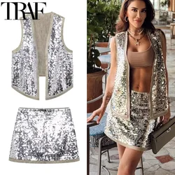 TRAF Women's Skirt Set 2 Pieces Sequin Mini Skirt And Top Two Piece Set Glitter Silver Sleeveless Vest Top Shinny Short Skirts