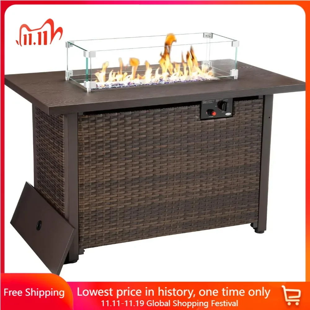 42 Inch Fire Pit Table with Glass Wind Guard, Alloy Wood Grain Tabletop, 50,000 BTU, Auto-Ignition Propane Gas Fire Pit Table