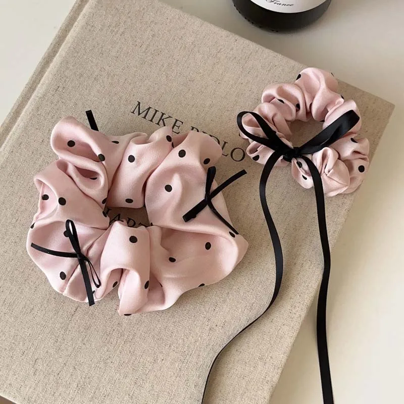 Korean Pink Polka Dot Satin Hair Scrunchies For Women Girls Elegant Ribbon Bowknot Elastic Tie Rubber Bands Hair Accessoires