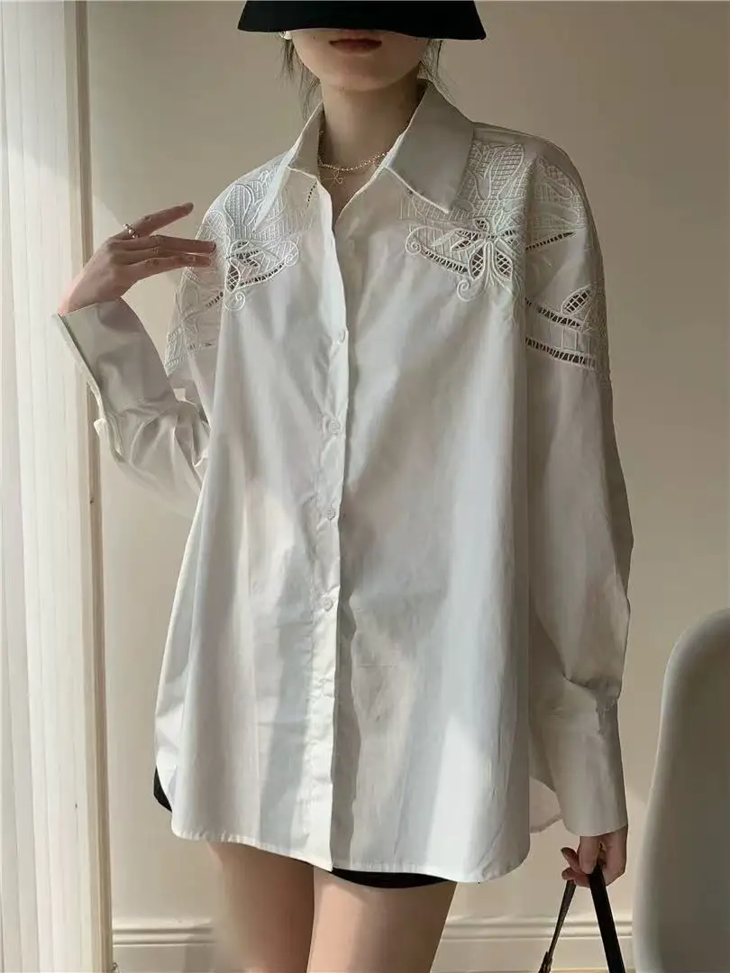 

2025 Spring Summer Trend Flowers Embroidery Hollow Out Cotton Blouses Shirts Women Long Sleeve Casual Tops Camisas De Mujer