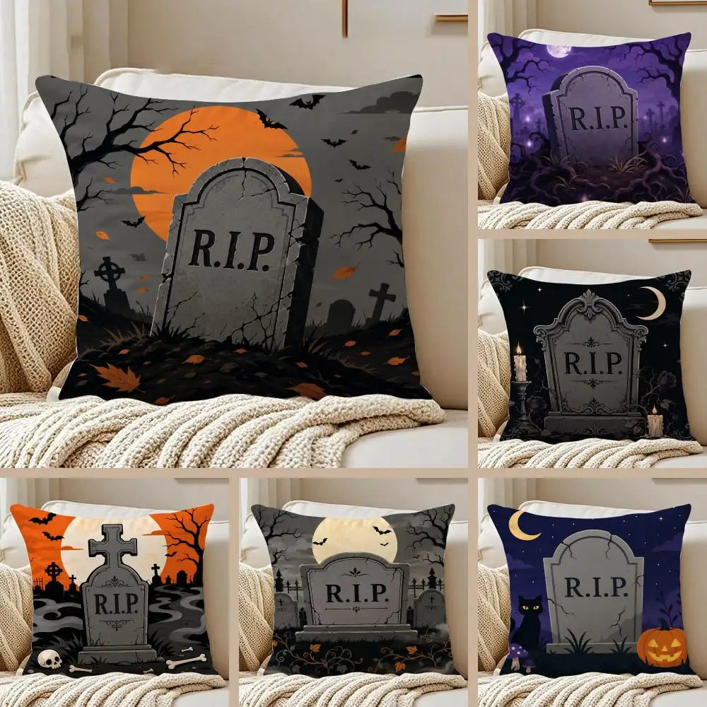 Halloween Tombstone Cushion Cover Pillowcase Anti-dustmite Invisible Zipper Short Plush Sofa Cushion