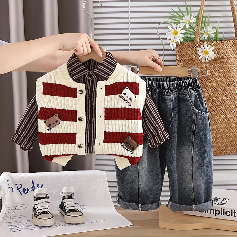 Christmas Outfits 2026 Autumn Winter Baby Boy Clothes 1-5T Cute Cartoon Striped Knitted Vest + Shirt + Pants 3 Piece Boys Set