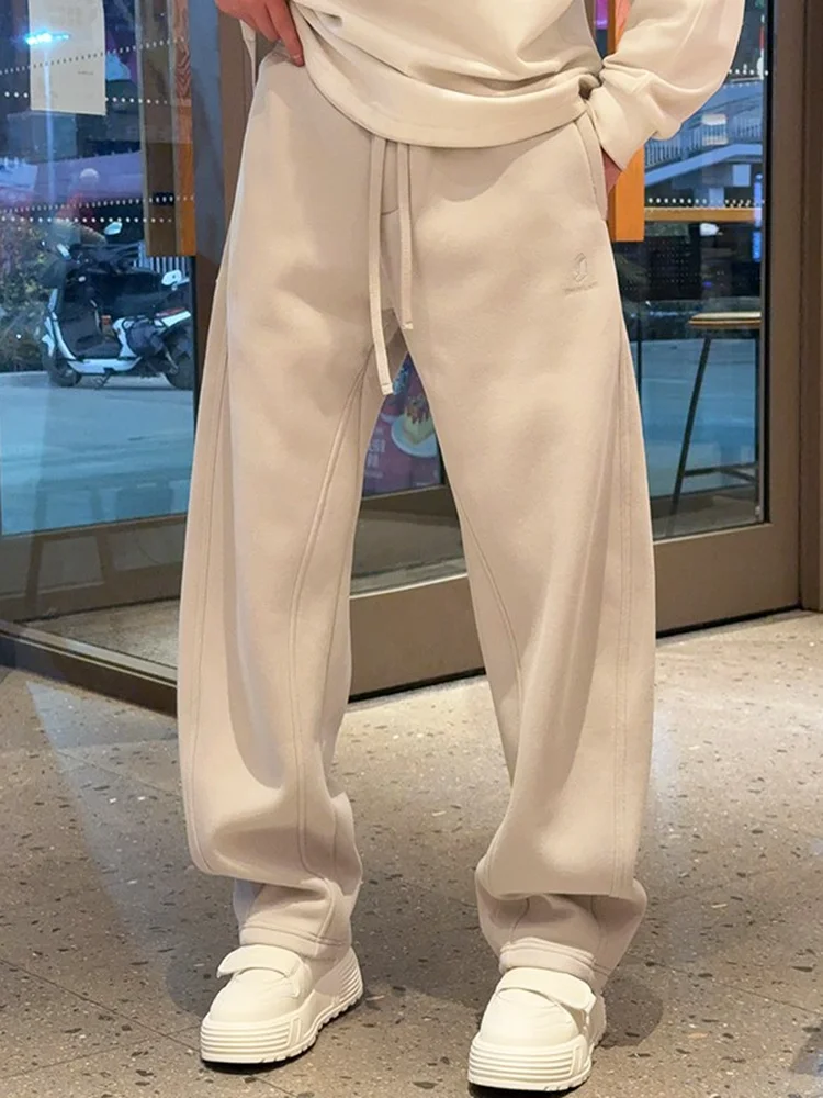 

Men's Winter Thiened Fce Lined Embroidered Sports Casual Pants Loose Wide Leg Sweatpants All Match Long Trousers