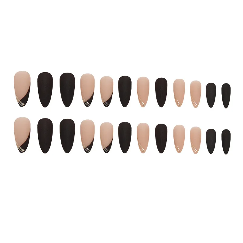 24pcs Press on Nails  Long Almond Black Matte French Style Golden Stripes Reusable Fake Nailfrench Tip Press on Nails