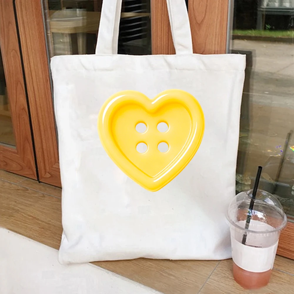 

Yellow Heart Button Canvas Tote Bag Cute Print Shoulder Bag