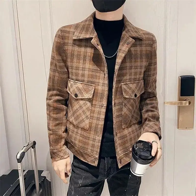 Man Coat Winter Sales of Plaid Short Jacket for Men Wool & Blends New in Cold Aesthetic Casual High Quality Harajuku Vintage Y2k