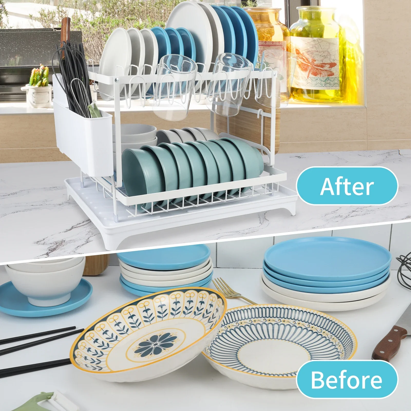 رف تجفيف الأطباق قابل للفصل والطي من طبقتين، منظم تجفيف الأطباق ذو سعة كبيرة مع لوح تصريف، منظم أدوات المائدة في المطبخ