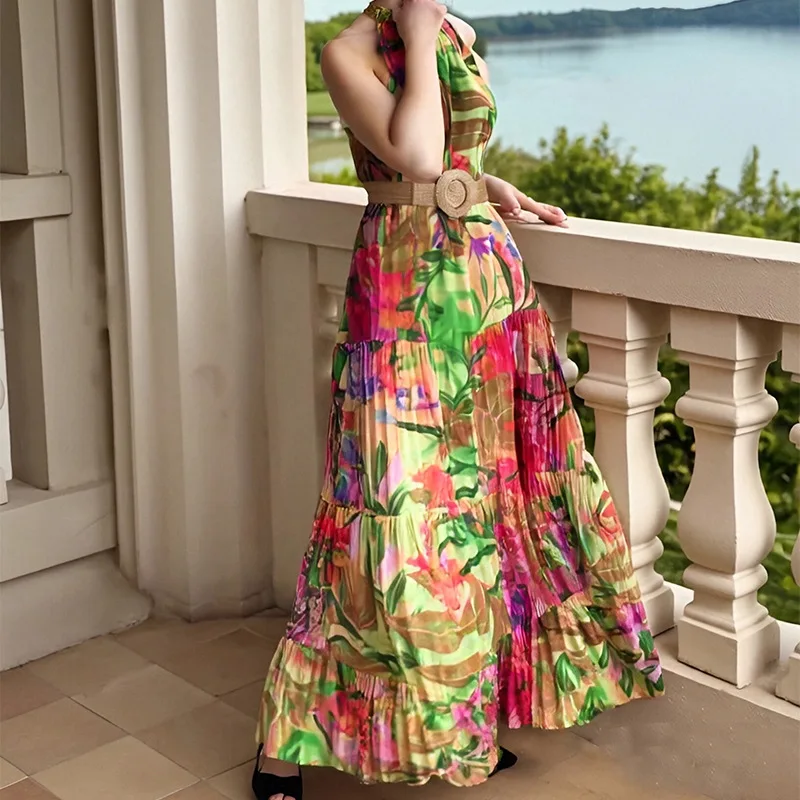 Sukienka maxi bez rękawów na lato 2025, wiązana na szyi, z odkrytymi ramionami, w stylu boho, w kwiaty, długa sukienka na plażę, moda damska.