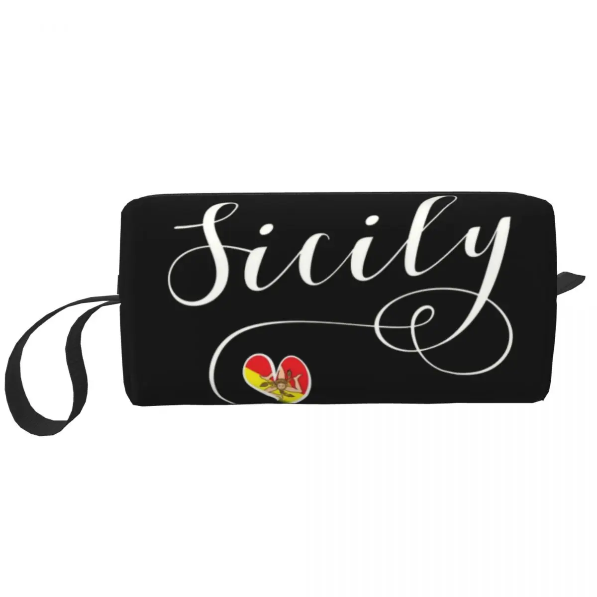 Kawaii Sicily Flag Heart Travel Toiletry Bag Women Italy Pride Makeup Cosmetic Bag Beauty Storage Bags Dopp Kit Case Box