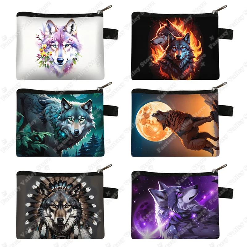 Fantasy Witchcraft Wolf Coin Purses Howling Wolf Moon Credit Card Holder Coin Money Bags Mini Pouch Wallet Earphone Storage Bag