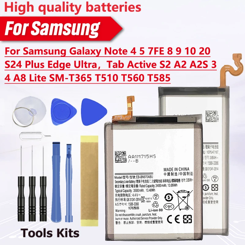 Battery For Samsung Galaxy Note 20 S24 4 5 7FE 8 9 10 Plus Edge Ultra，Tab Active S2 A2 A2S 3 4 A8 Lite SM-T510 T560 T365 T585