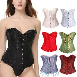 Women Sexy Gothic Satin Corset Bustier Top Brocade Stays Waist Shaper Overbust Boned Corset Top Lace-Up Costume Fancy Dresses