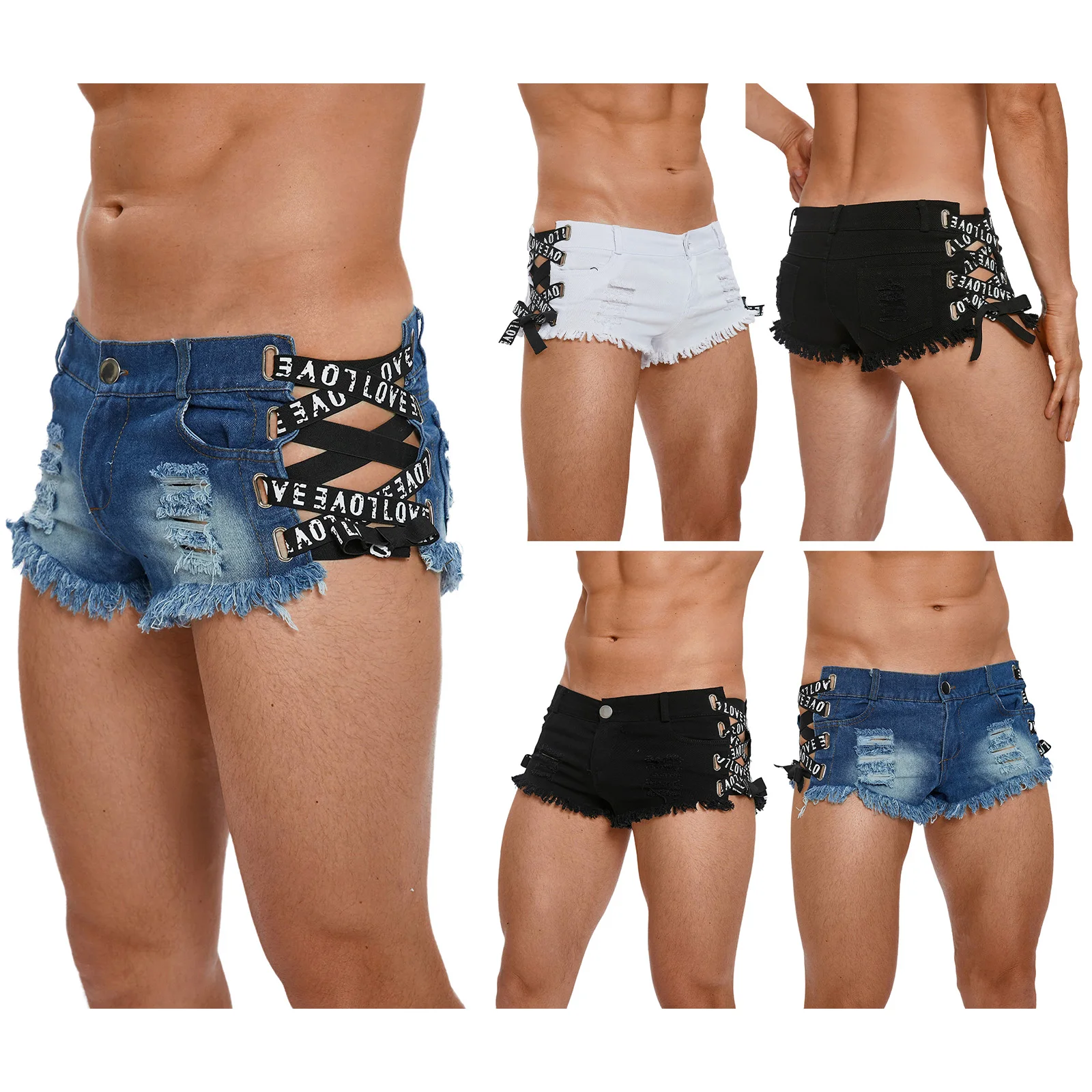 

Men Letters Ribbons Trimmings Criss-cross at Side Skinny Low-waist Ultrashort Hollow-out Jeans Shorts with Pockets And Button F