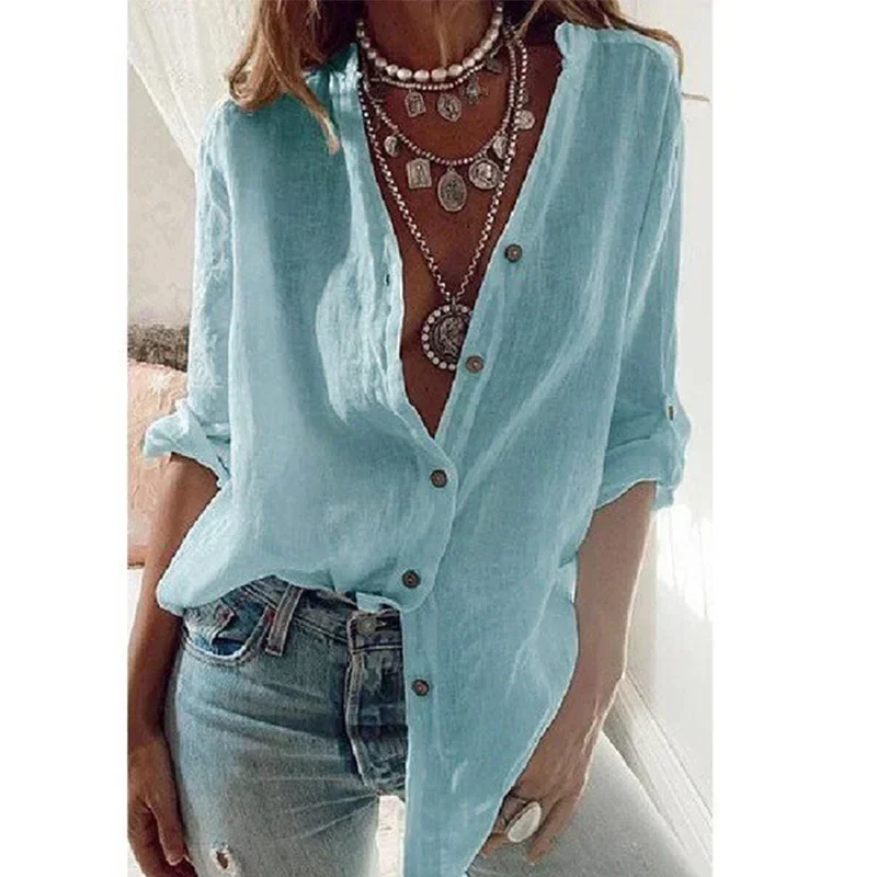 New Helisopus Summer New Women\'s Cotton Linen Shirt Fashion Button Solid Color Casual Loose V-Neck Long Sleeve Top Commuter Wear