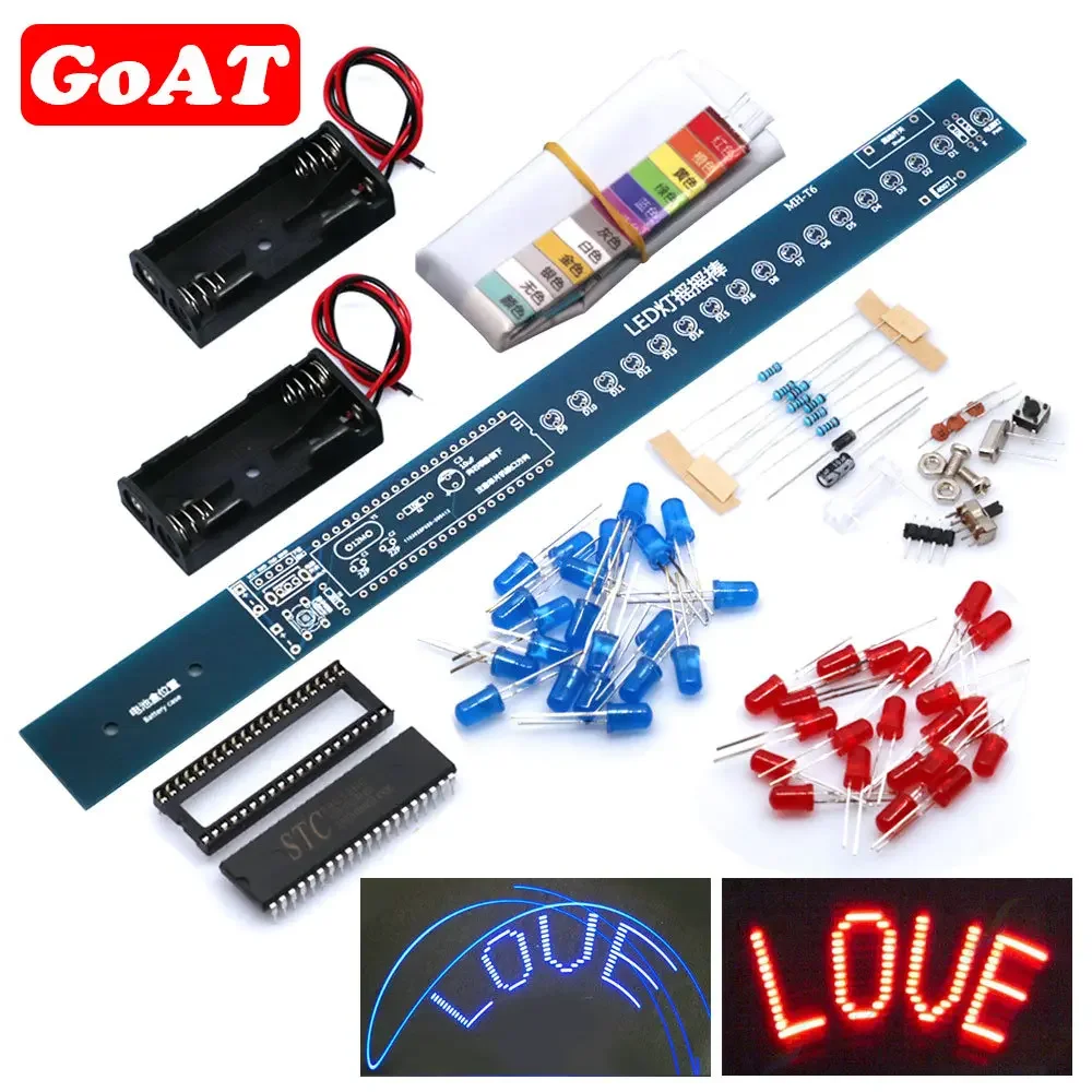 16 Bits POV LED Stick Light Rocker Diy Kit Shaking STC89C52 51 Microcontroller Electronic Solder Kits Blue/Red Display