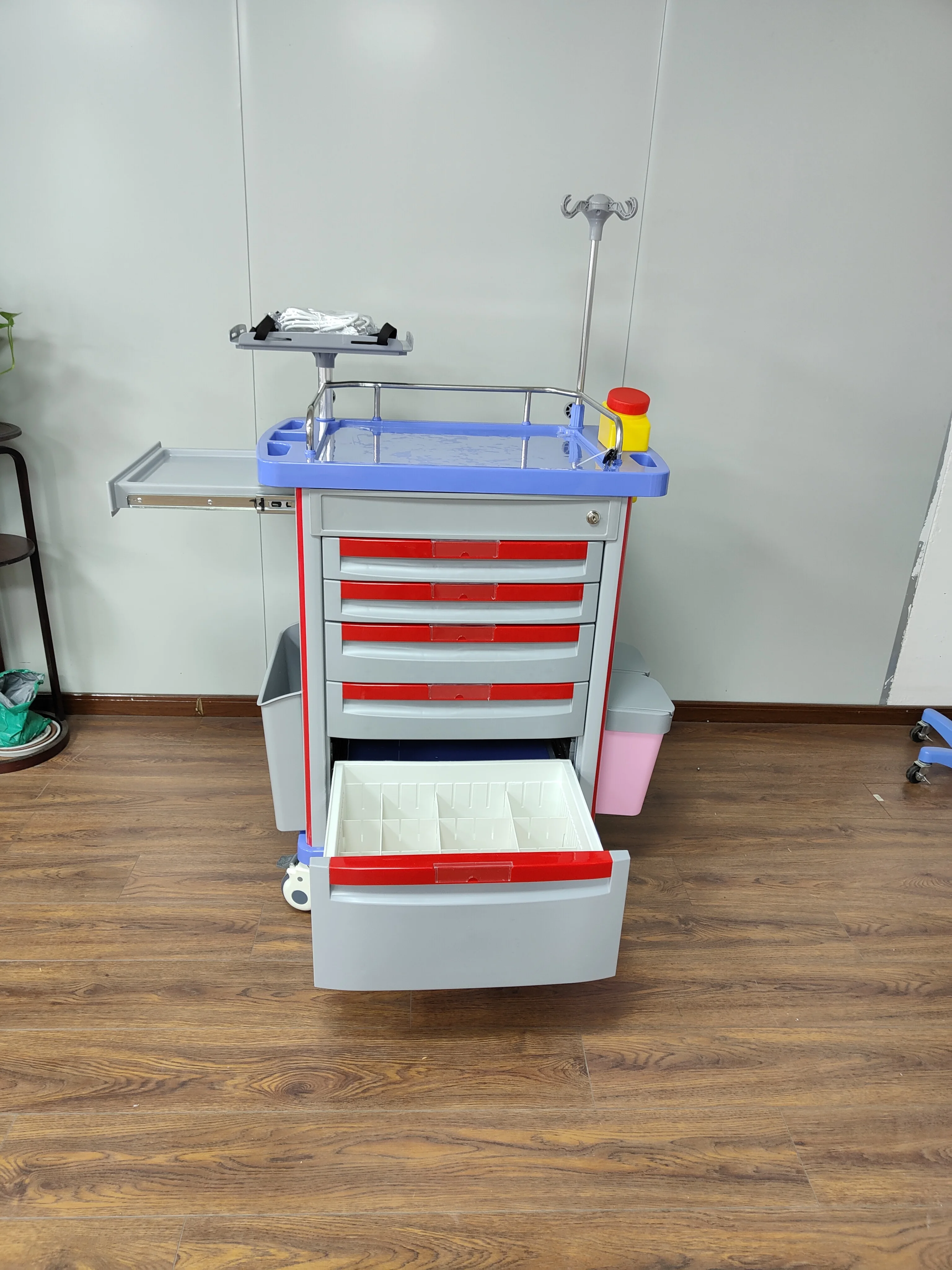 Hospital Abs Plastic Medicine Crash Cart Emergency Trolley Medical Emergency Cart Trolley with IV Pole