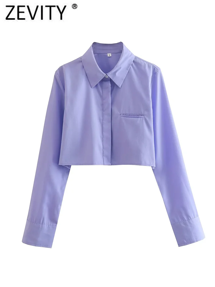 Zevity Women Fashion 5 Solid Color Single Pocket Short Blouse Office Lady Long Sleeve Shirt Business Blusa Chic Crop Tops LS2609