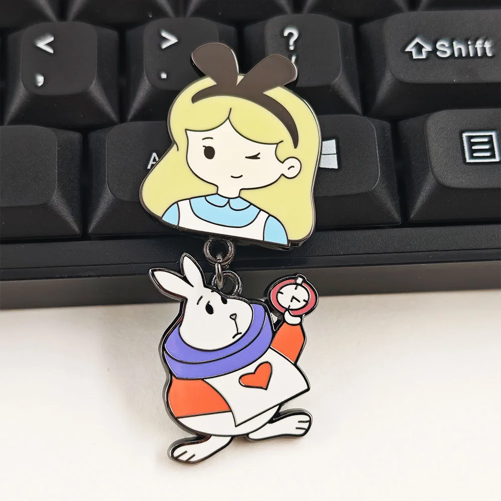 Cute Blonde Girl Enamel Pin White Rabbit With Pocket Watch Charm Brooch Fairy Tale Character Badge Backpack Decor Jewelry Gift