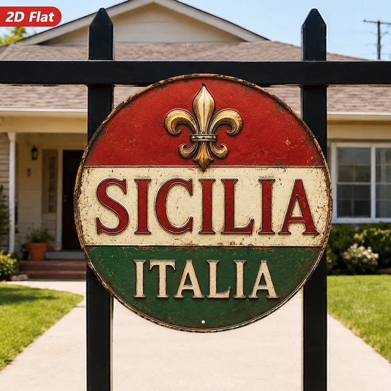 2D Flat - 【2D Flat】 2D Flat - [2D Flat] 2D Flat Print 1pc Round Metal Iron Sign Sicilia Italia Vintage Wall Art, Sicily Italy Te