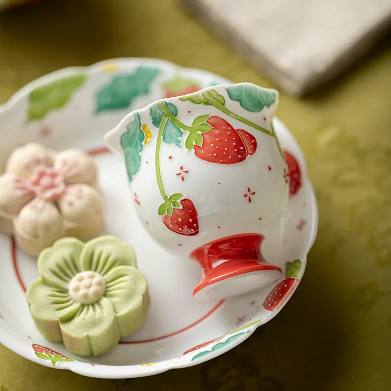 Hand Painted Strawberry Underglaze Porcelain Cup Areva High Foot Tea Cute Kung Fu Set Single
